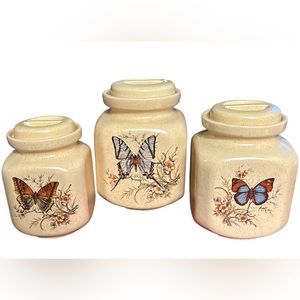 Vintage Pottery Craft Yellow Flecked Butterly Canister’s